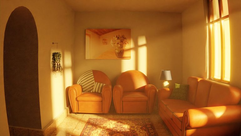 salon w stylu retro z pomarańczową sofą i fotelami