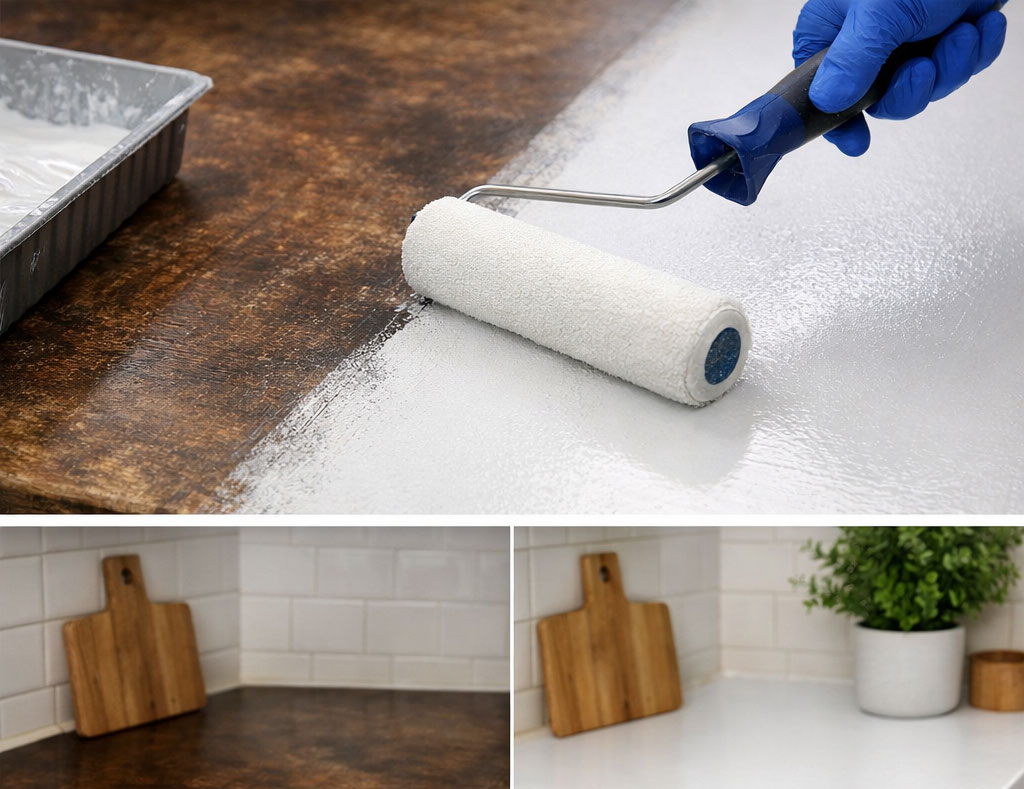 Farba do blatu kuchennego – malowanie wałkiem i efekt przed oraz po renowacji