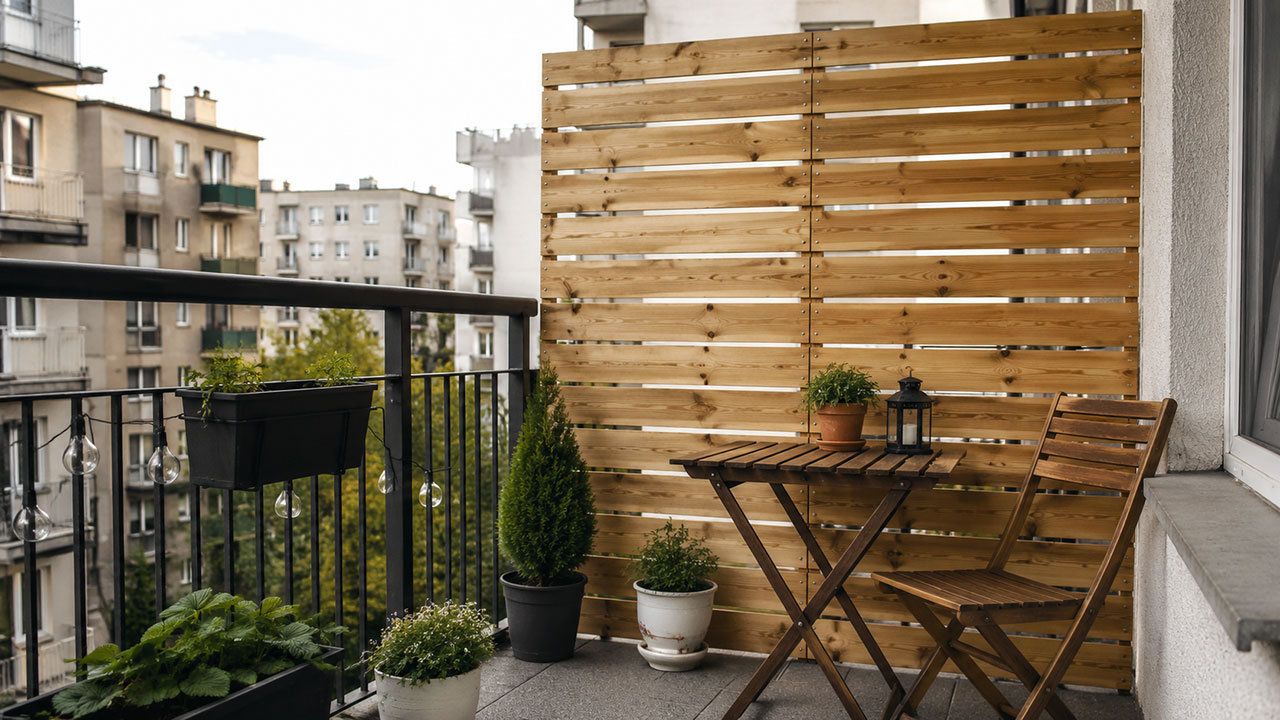 Balkon z drewnianym panelem osłonowym i roślinami