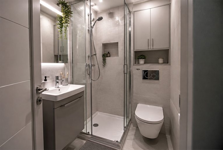 mała łazienka w bloku 2m2 z prysznicem, umywalką i WC