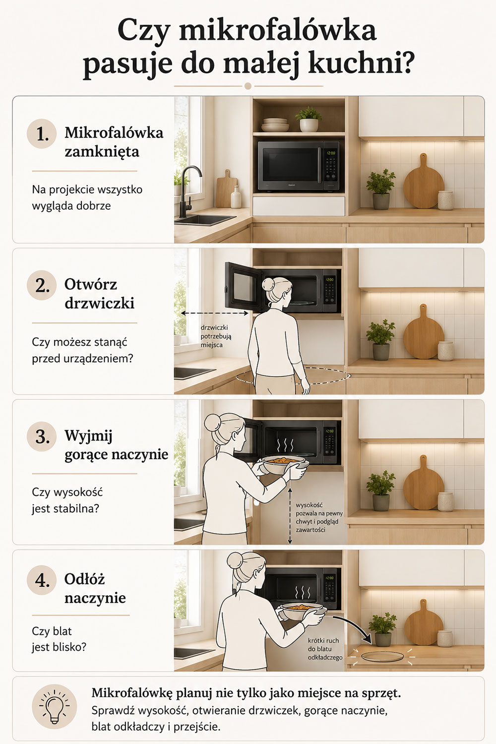 Infografika pokazująca test mikrofalówki w małej kuchni