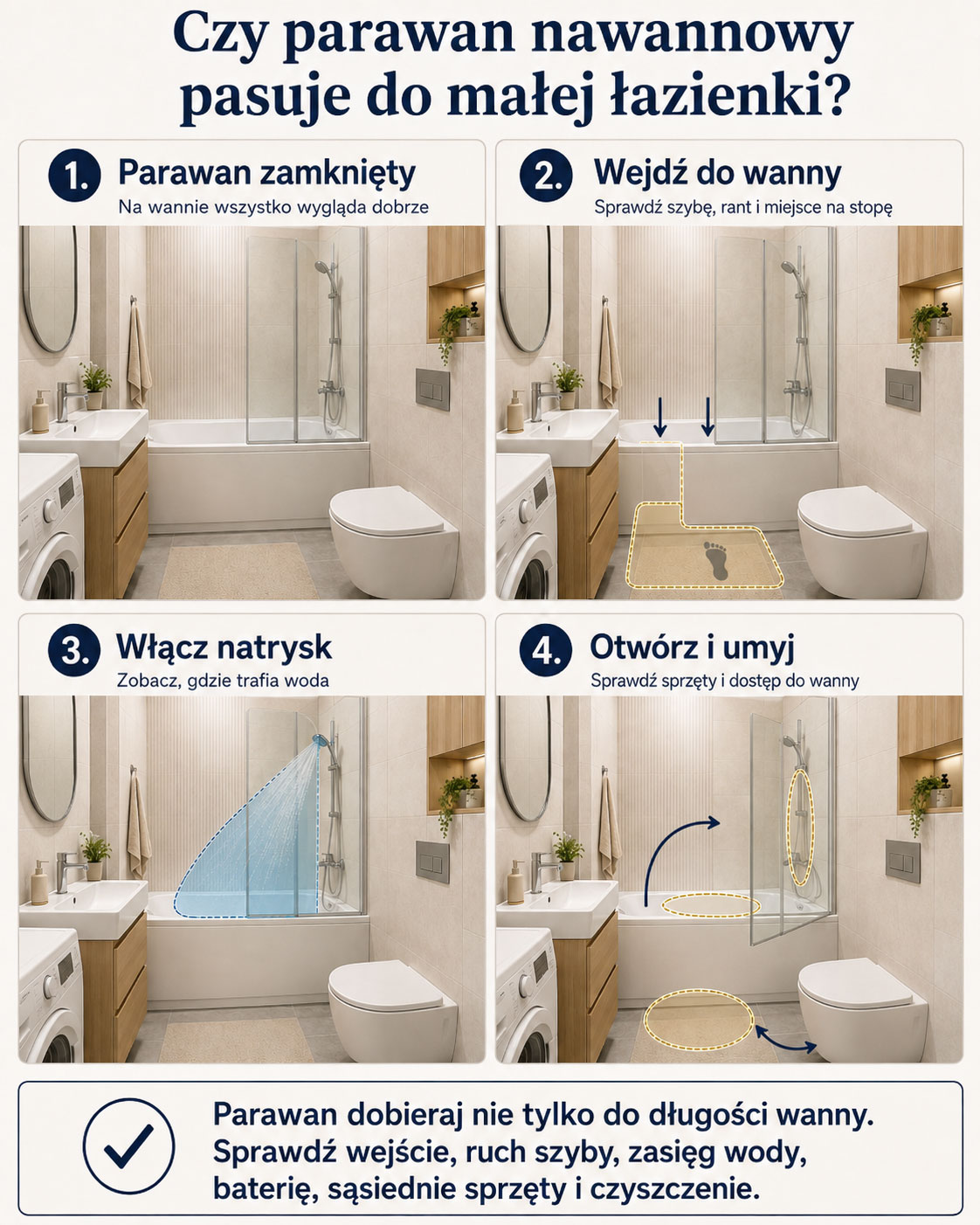 Infografika pokazująca test parawanu nawannowego w małej łazience