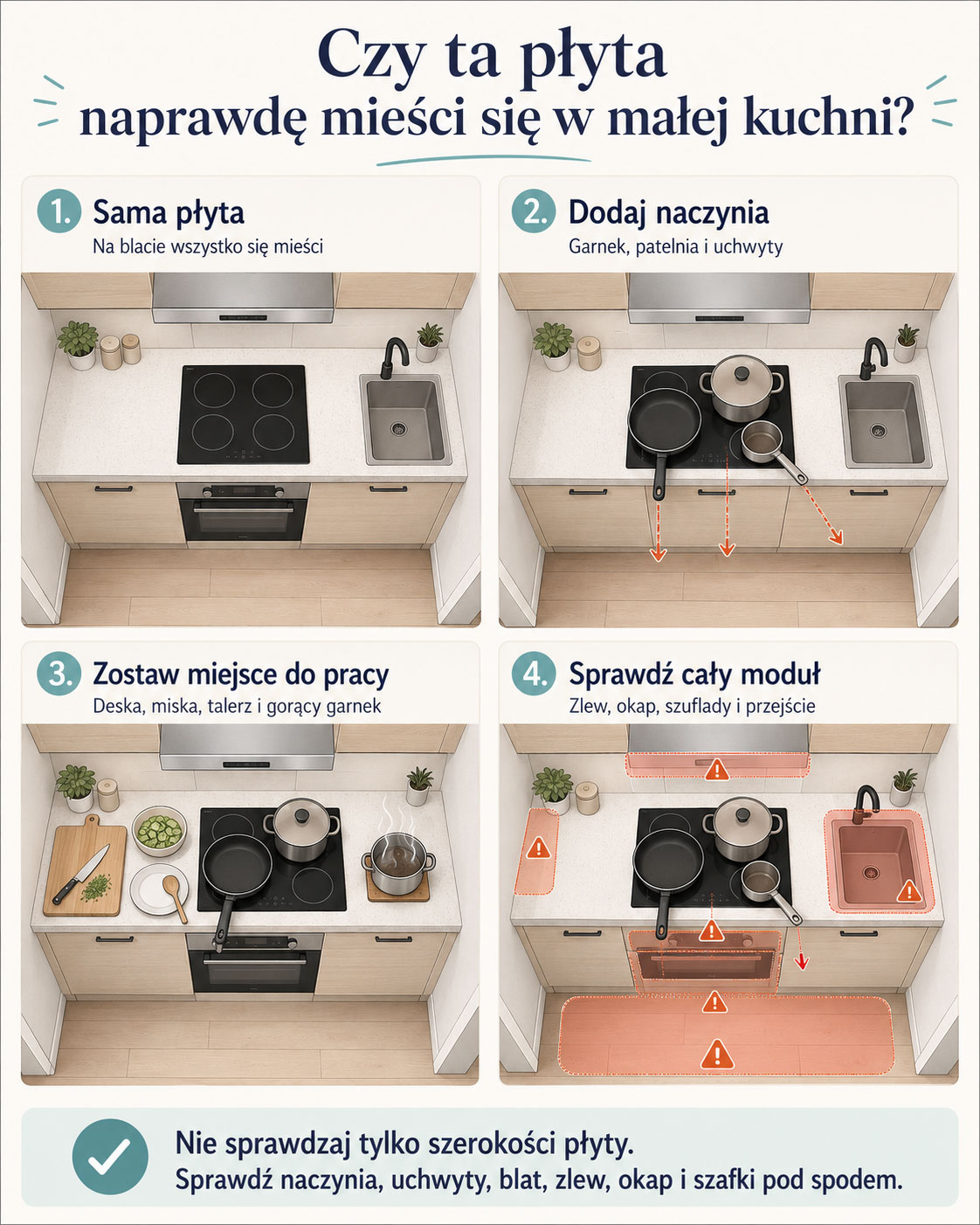 Infografika pokazująca test płyty grzewczej w małej kuchni