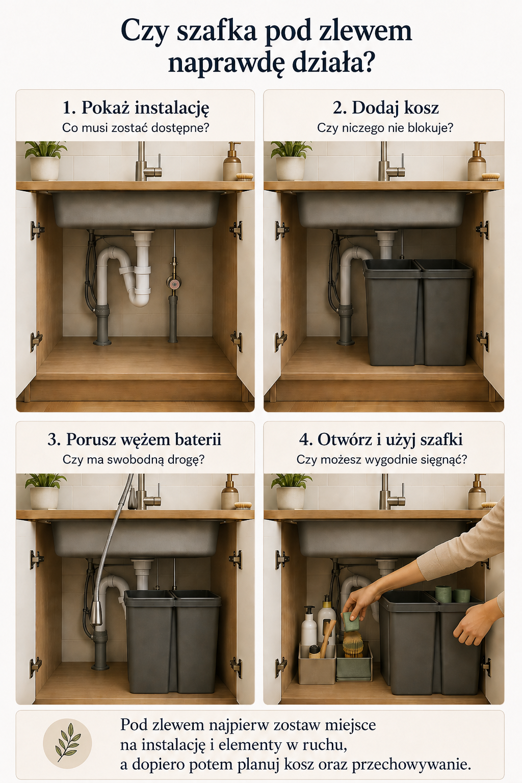 Infografika pokazująca test szafki pod zlewem w małej kuchni