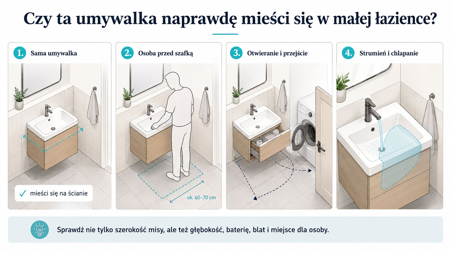 Infografika pokazująca test umywalki w małej łazience
