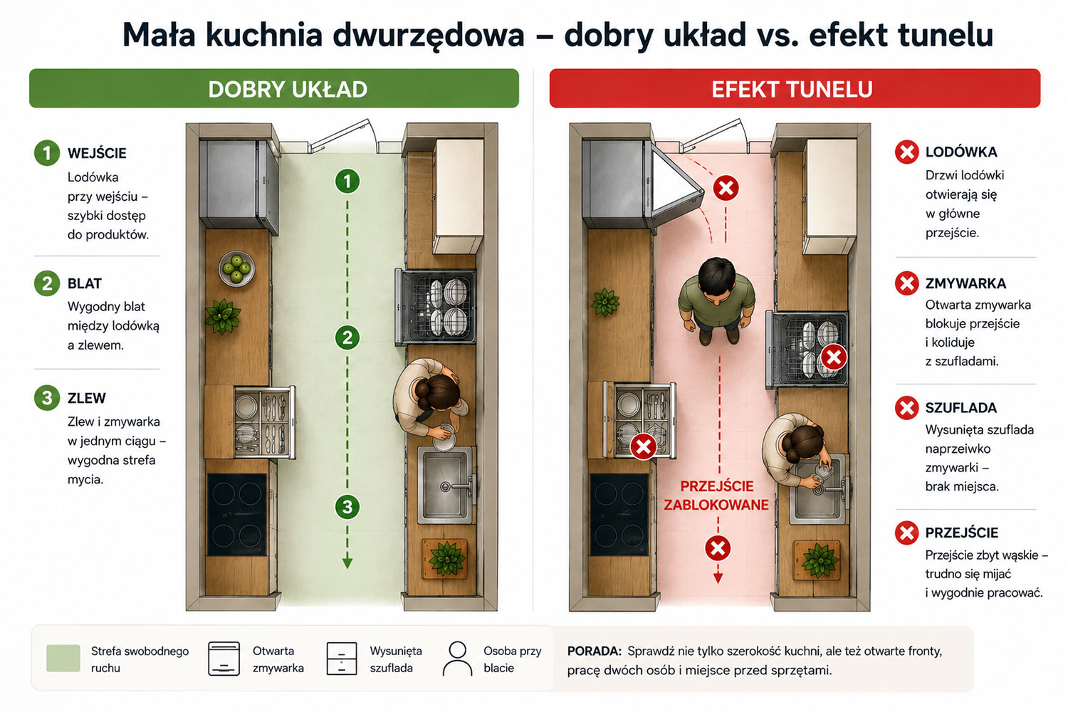 Rzut małej kuchni dwurzędowej pokazujący dobry układ i efekt tunelu
