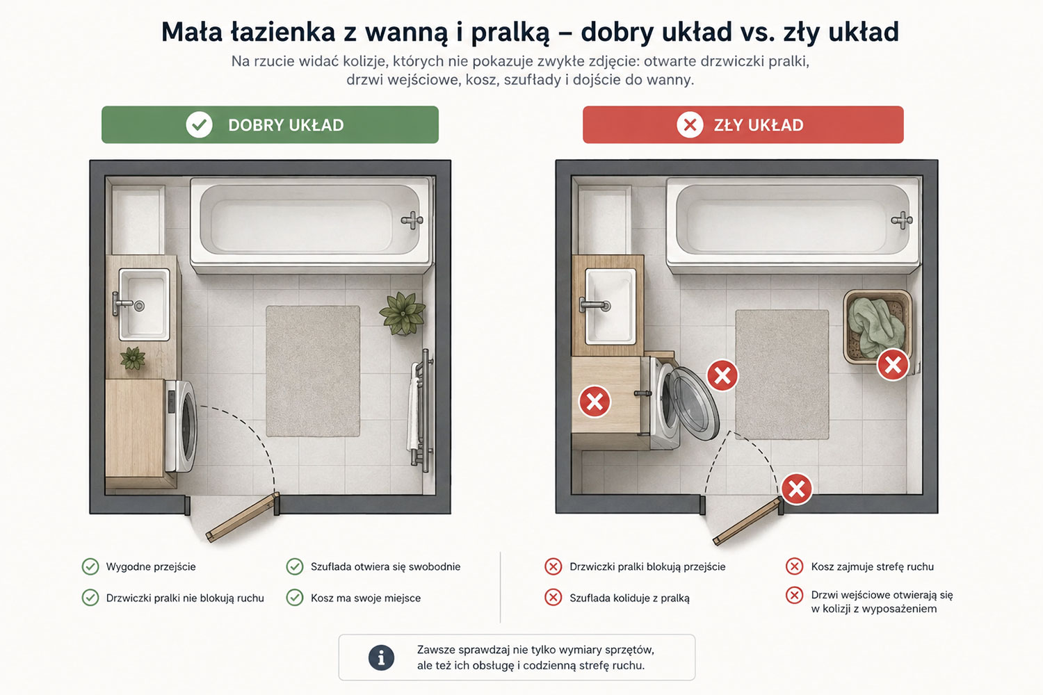 Rzut małej łazienki z wanną i pralką pokazujący dobry i zły układ