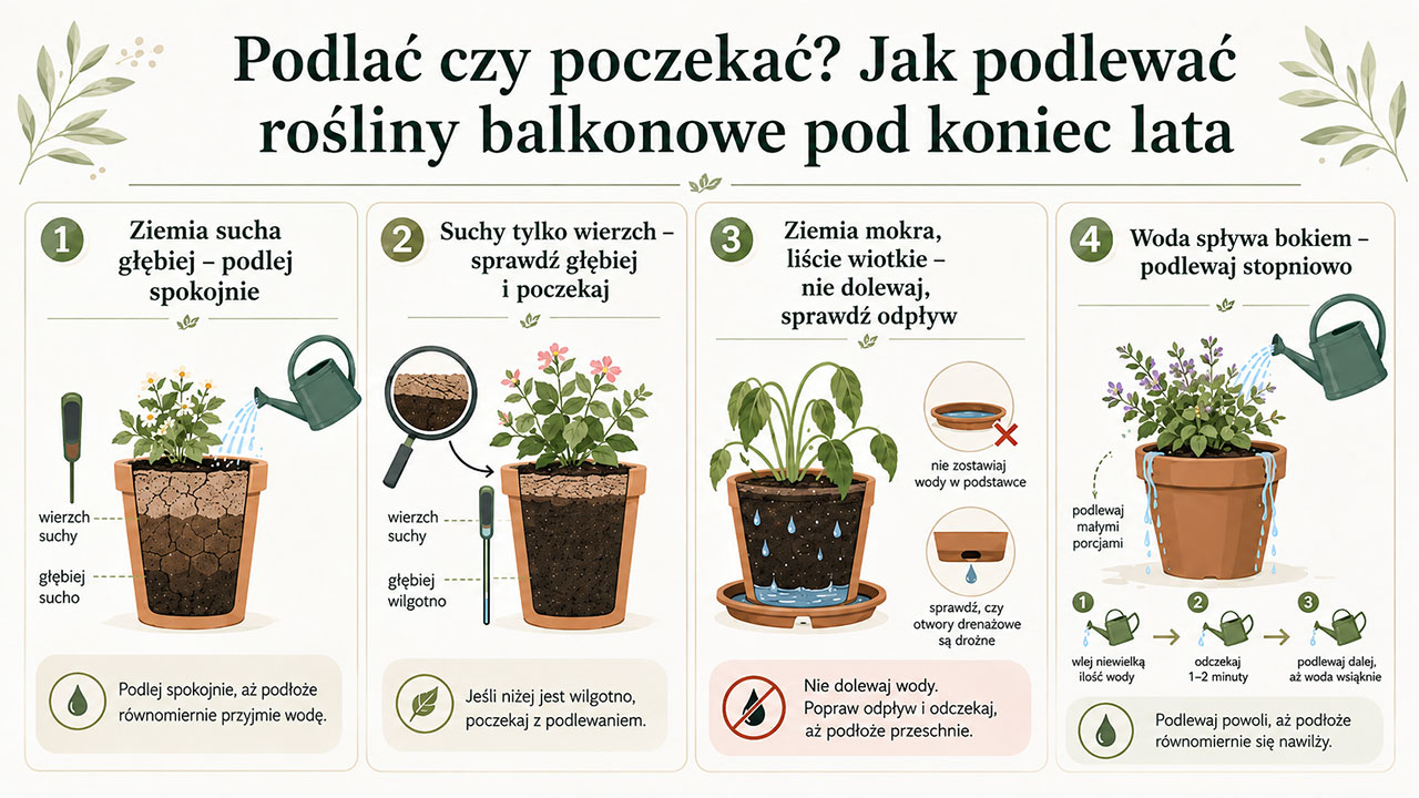 Infografika pokazująca, kiedy podlewać rośliny balkonowe pod koniec lata, a kiedy poczekać