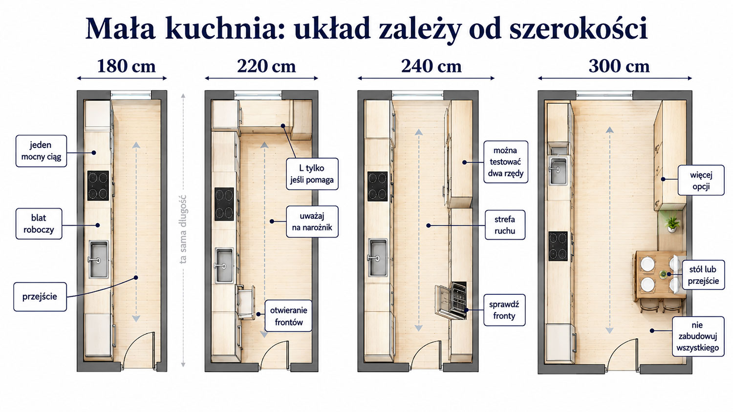 Schemat układów małej kuchni według szerokości 180, 220, 240 i 300 cm