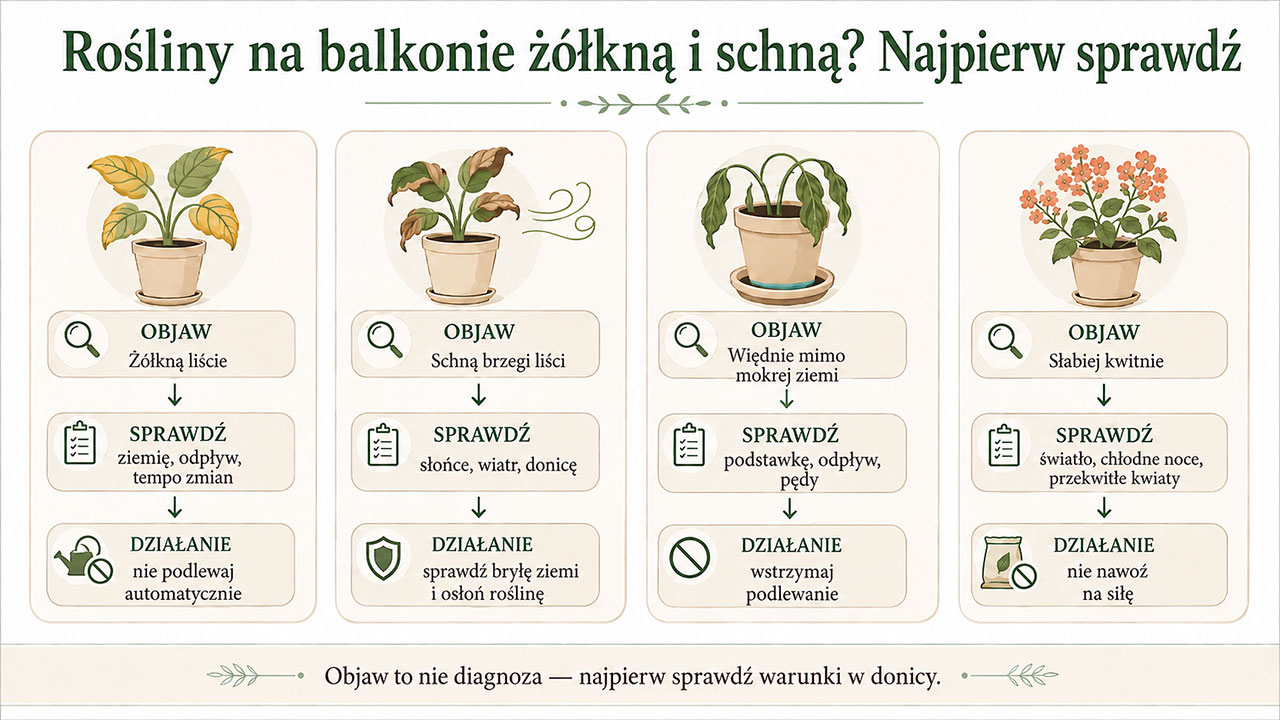 Grafika diagnostyczna pokazująca, co sprawdzić, gdy rośliny na balkonie żółkną, schną, więdną albo słabiej kwitną