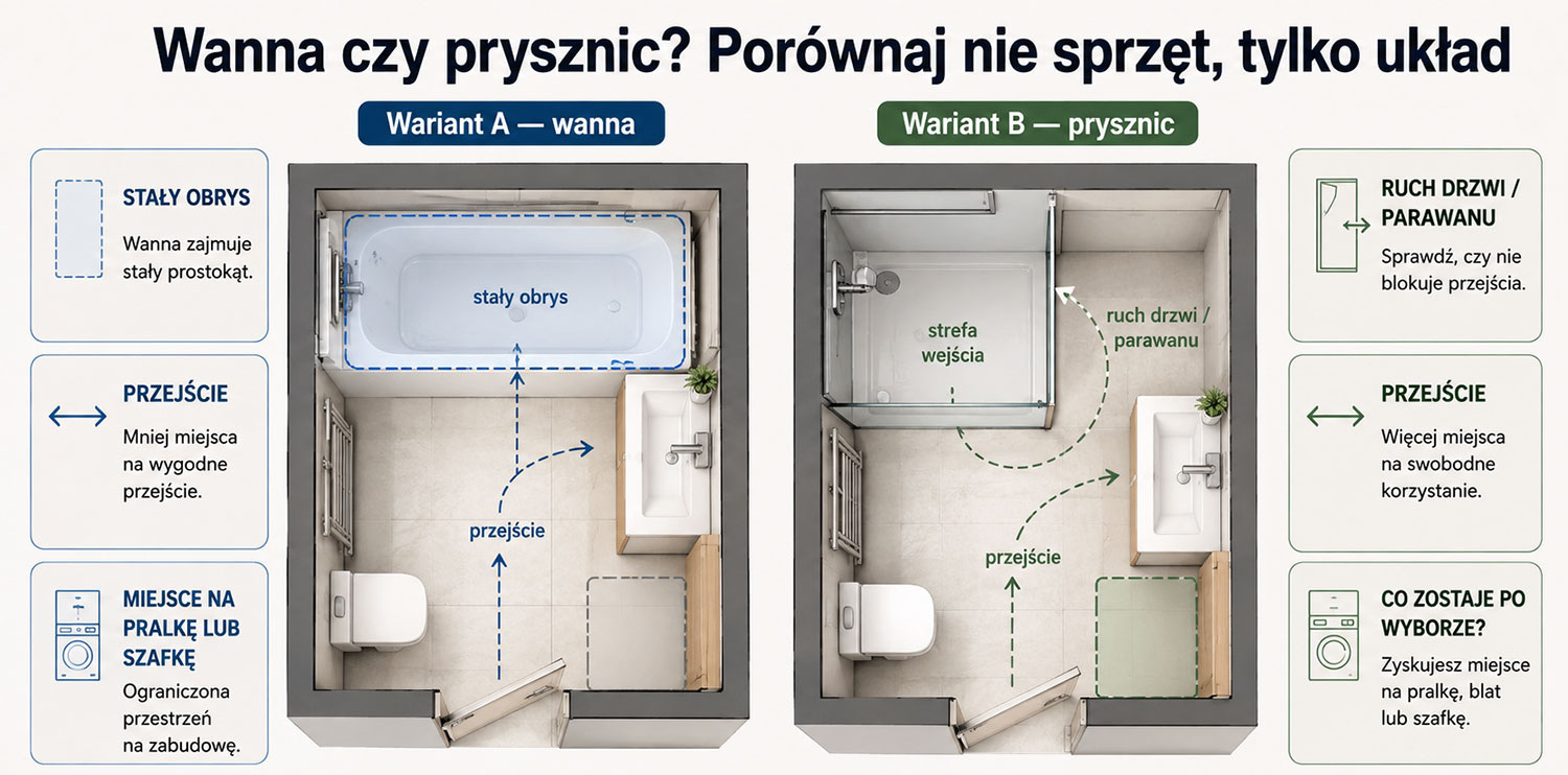 Porównanie układu małej łazienki z wanną i prysznicem