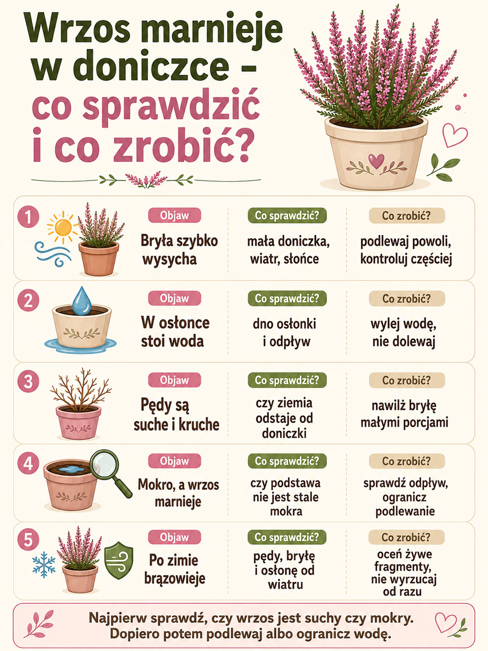 Infografika pokazująca, co sprawdzić, gdy wrzos marnieje w doniczce