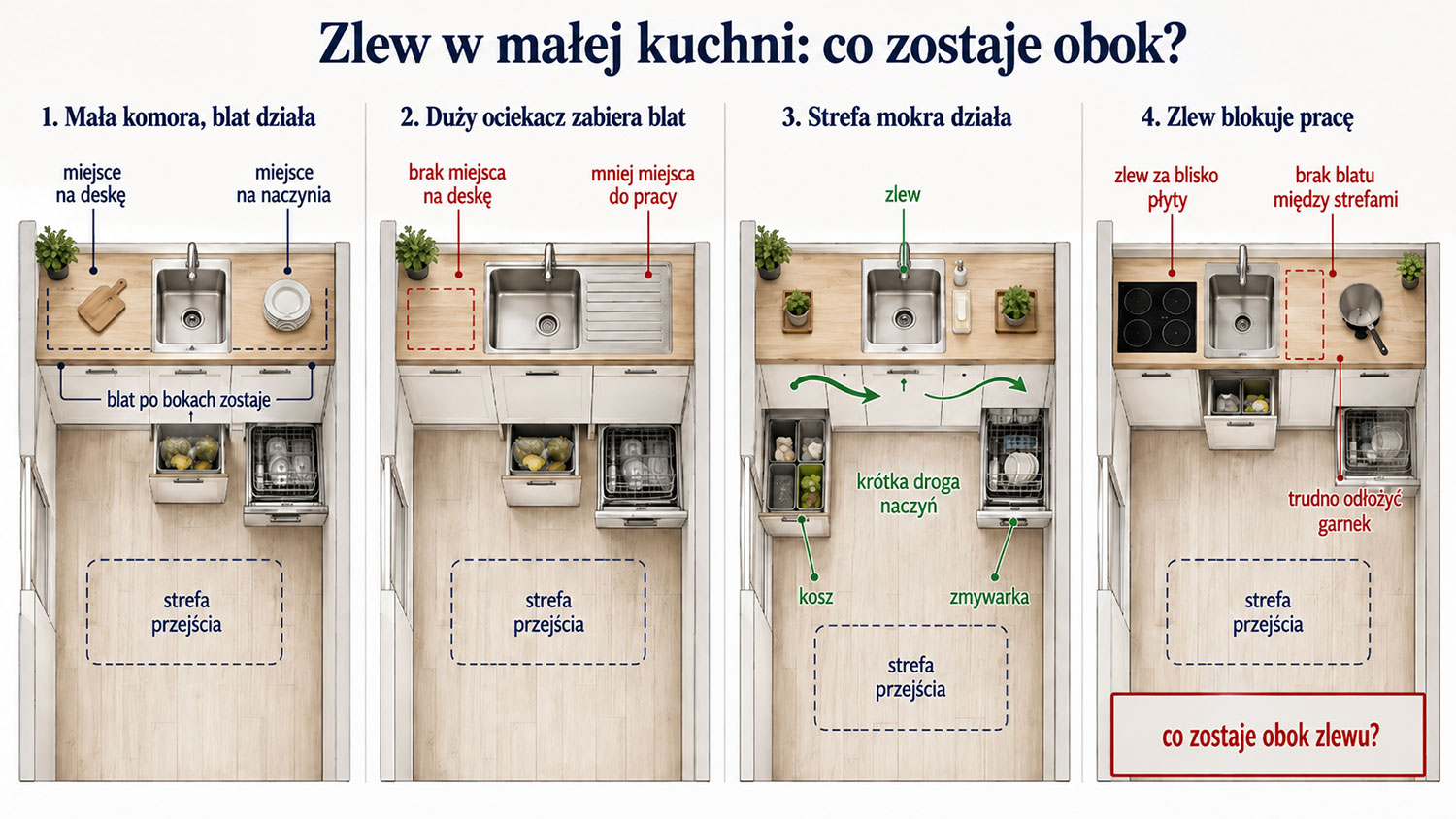 Schemat zlewu w małej kuchni i blatu po bokach
