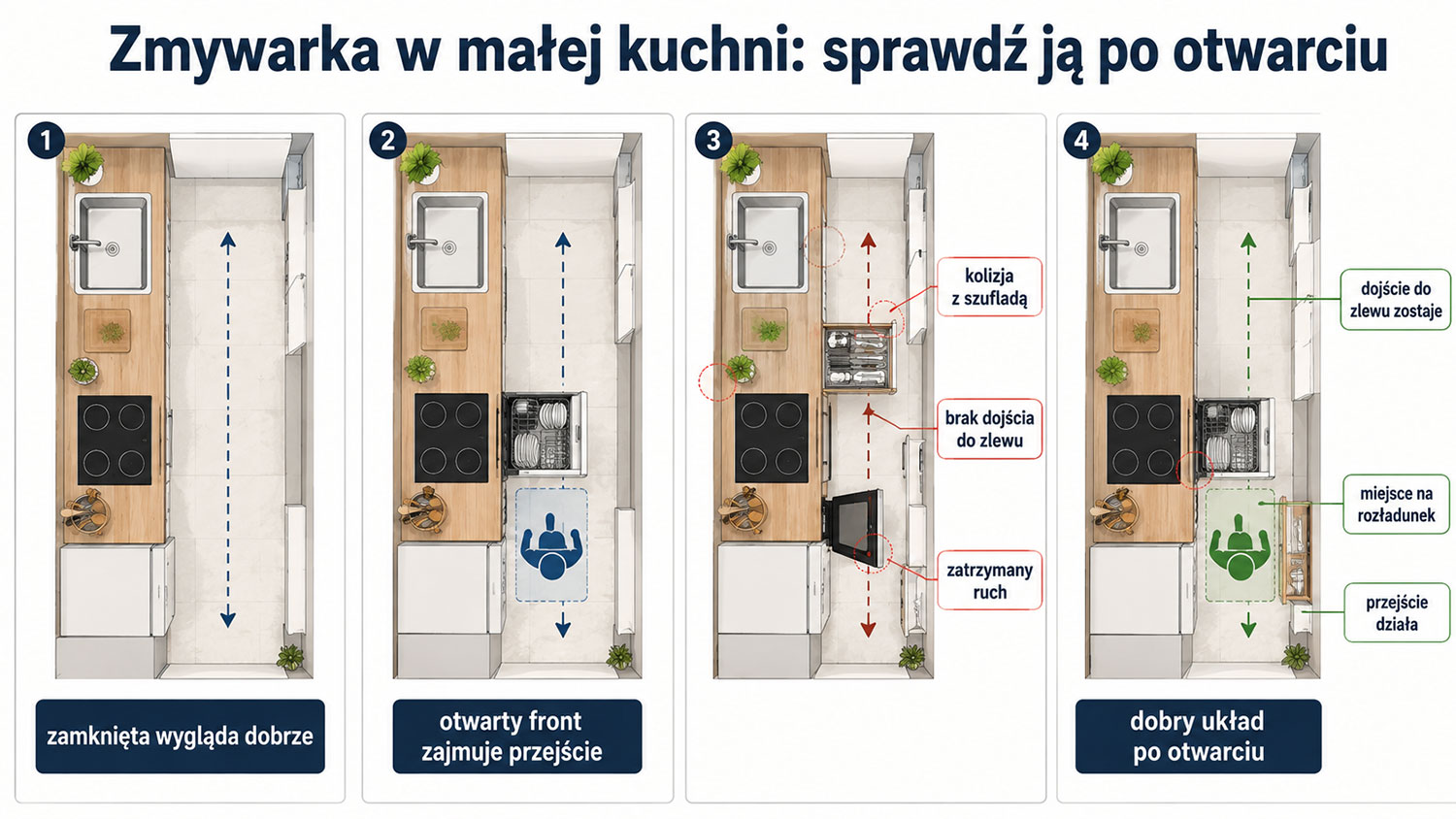 Schemat otwartej zmywarki w małej kuchni