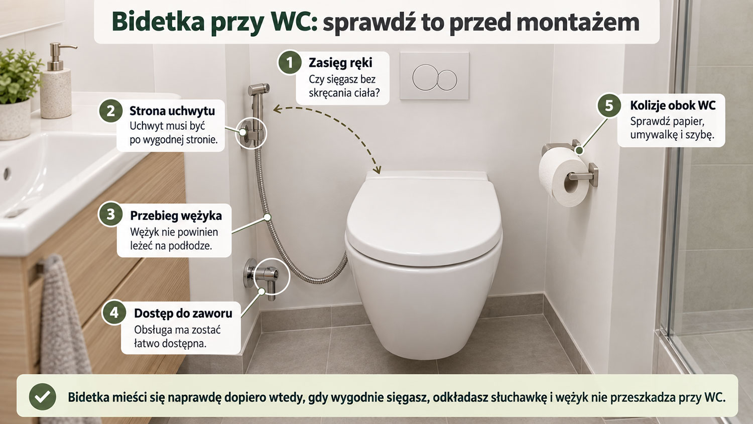 Infografika pokazująca co sprawdzić przed montażem bidetki przy WC