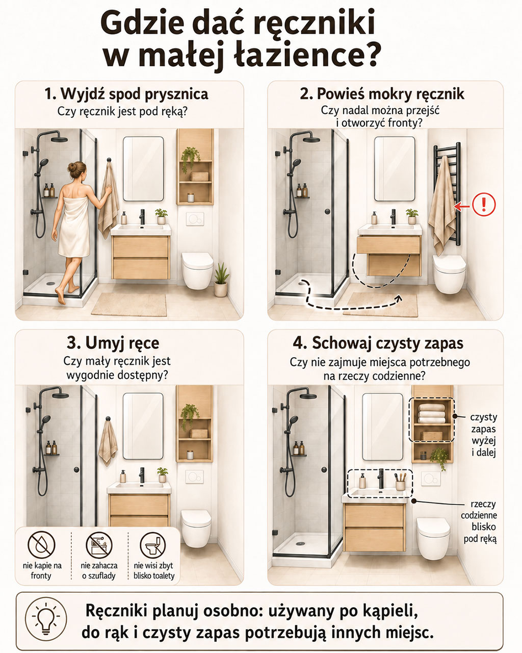 Infografika pokazująca, gdzie dać ręczniki w małej łazience
