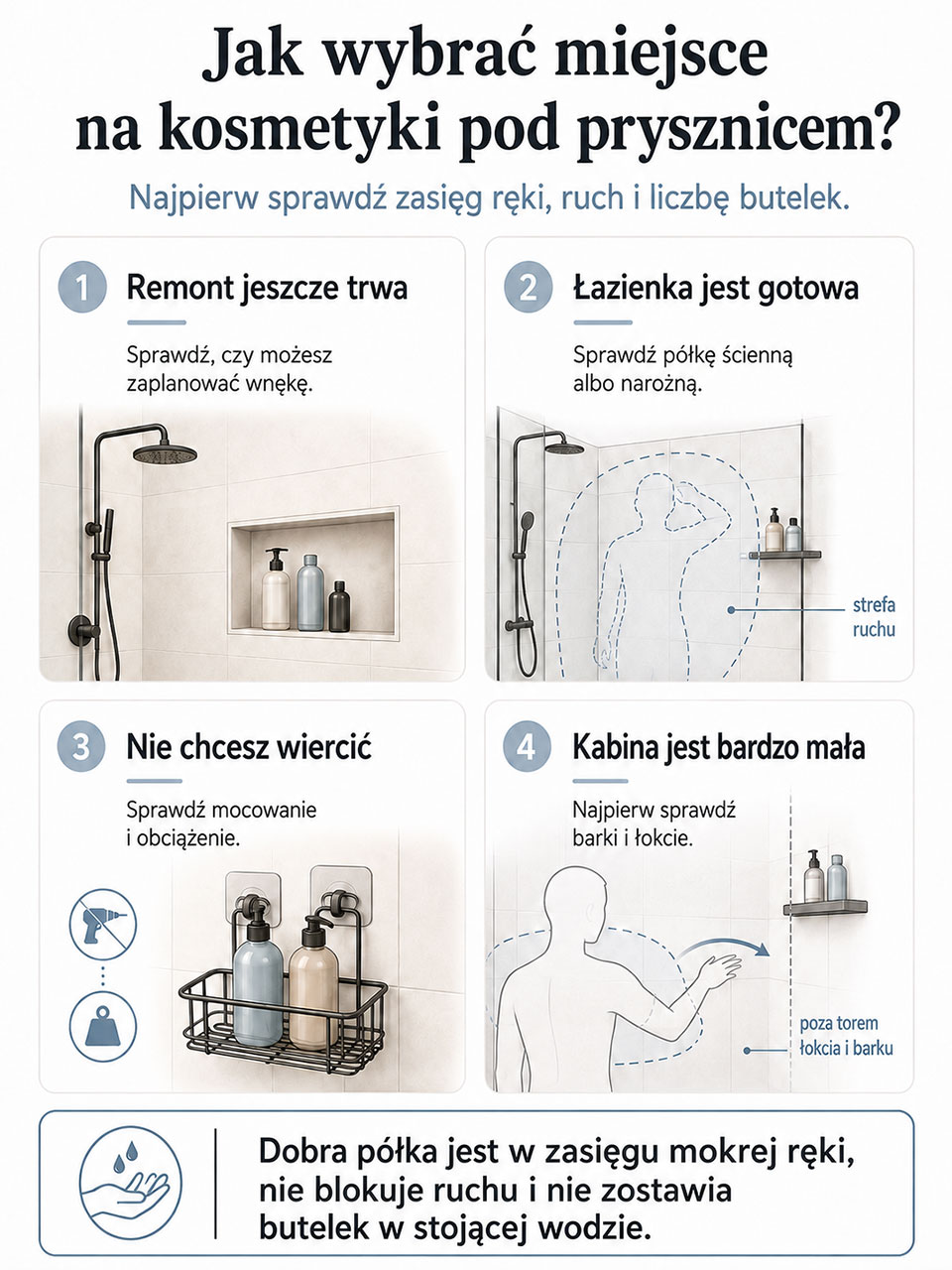 Infografika pokazująca, jak wybrać miejsce na kosmetyki pod prysznicem