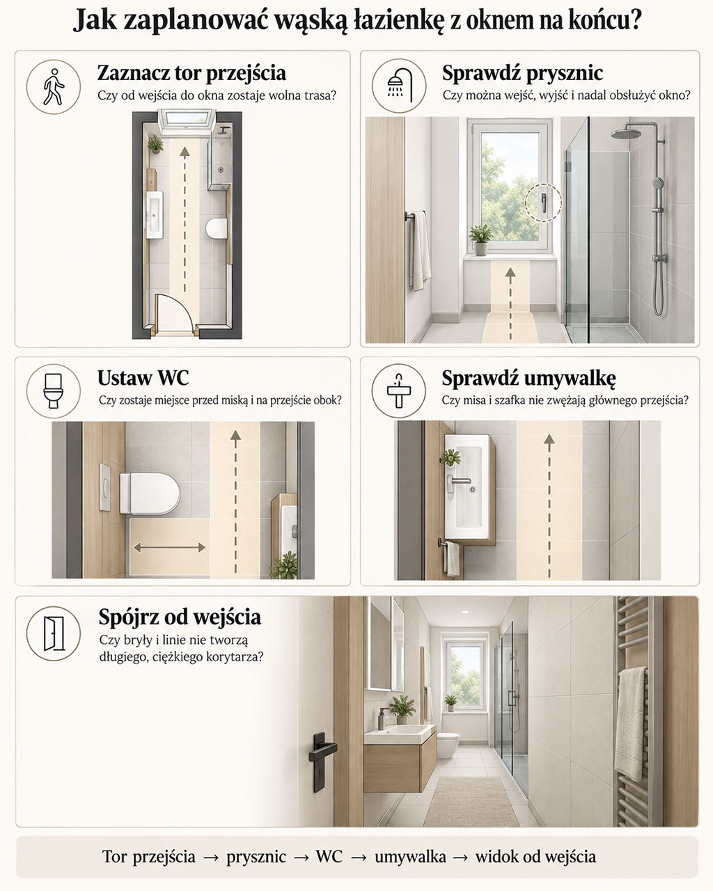 Infografika pokazująca, jak zaplanować wąską łazienkę z oknem na końcu