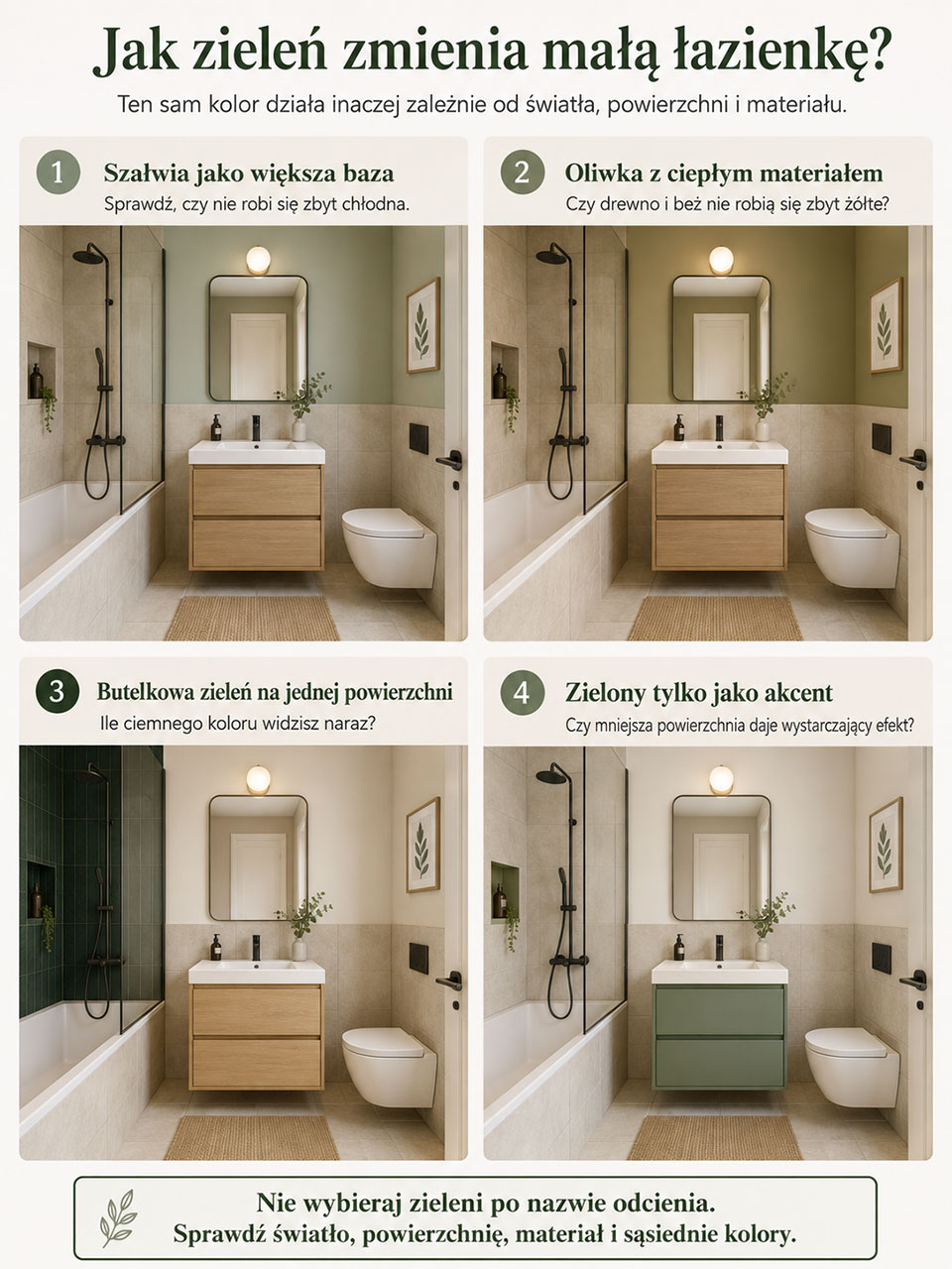 Infografika pokazująca, jak zieleń zmienia małą łazienkę