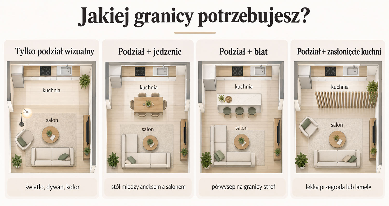 Infografika pokazująca sposoby oddzielenia aneksu kuchennego od salonu bez ściany