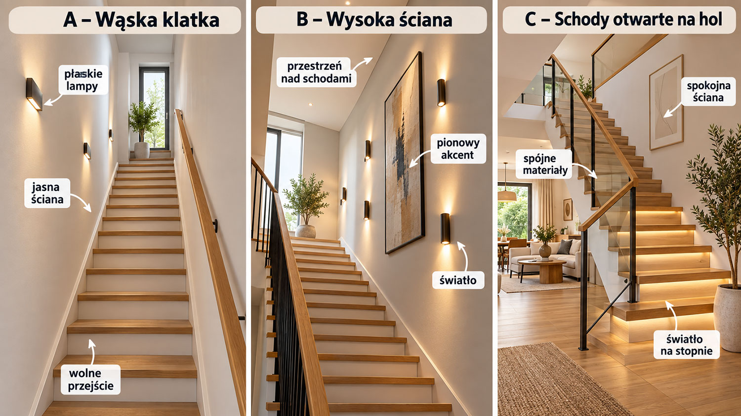 Trzy warianty klatki schodowej: wąska, z wysoką ścianą i otwarta na hol
