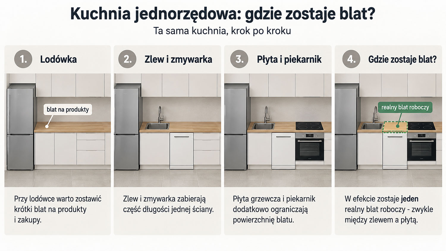 Infografika pokazująca gdzie zostaje blat roboczy w kuchni jednorzędowej