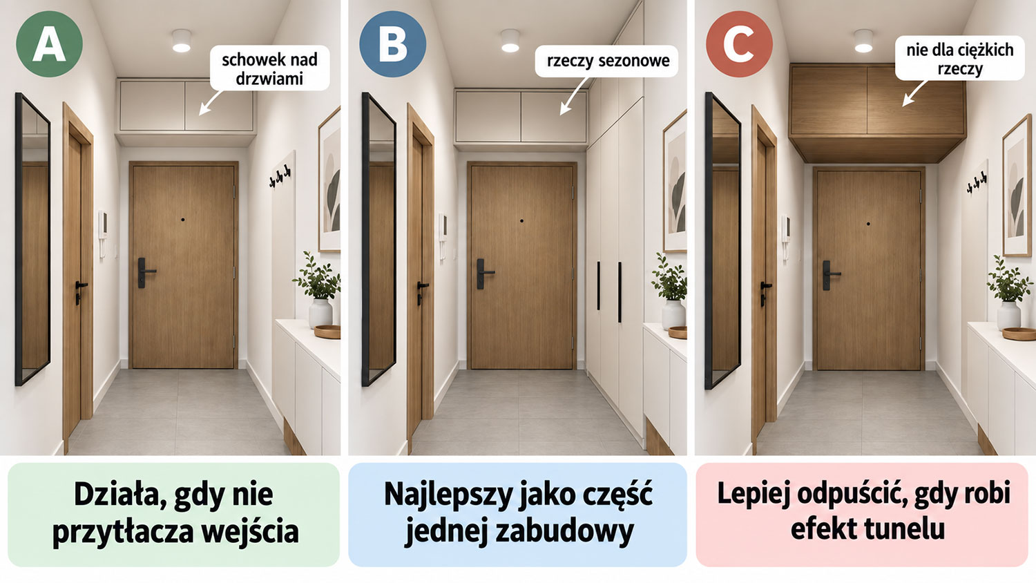 Infografika porównująca trzy warianty pawlacza w przedpokoju