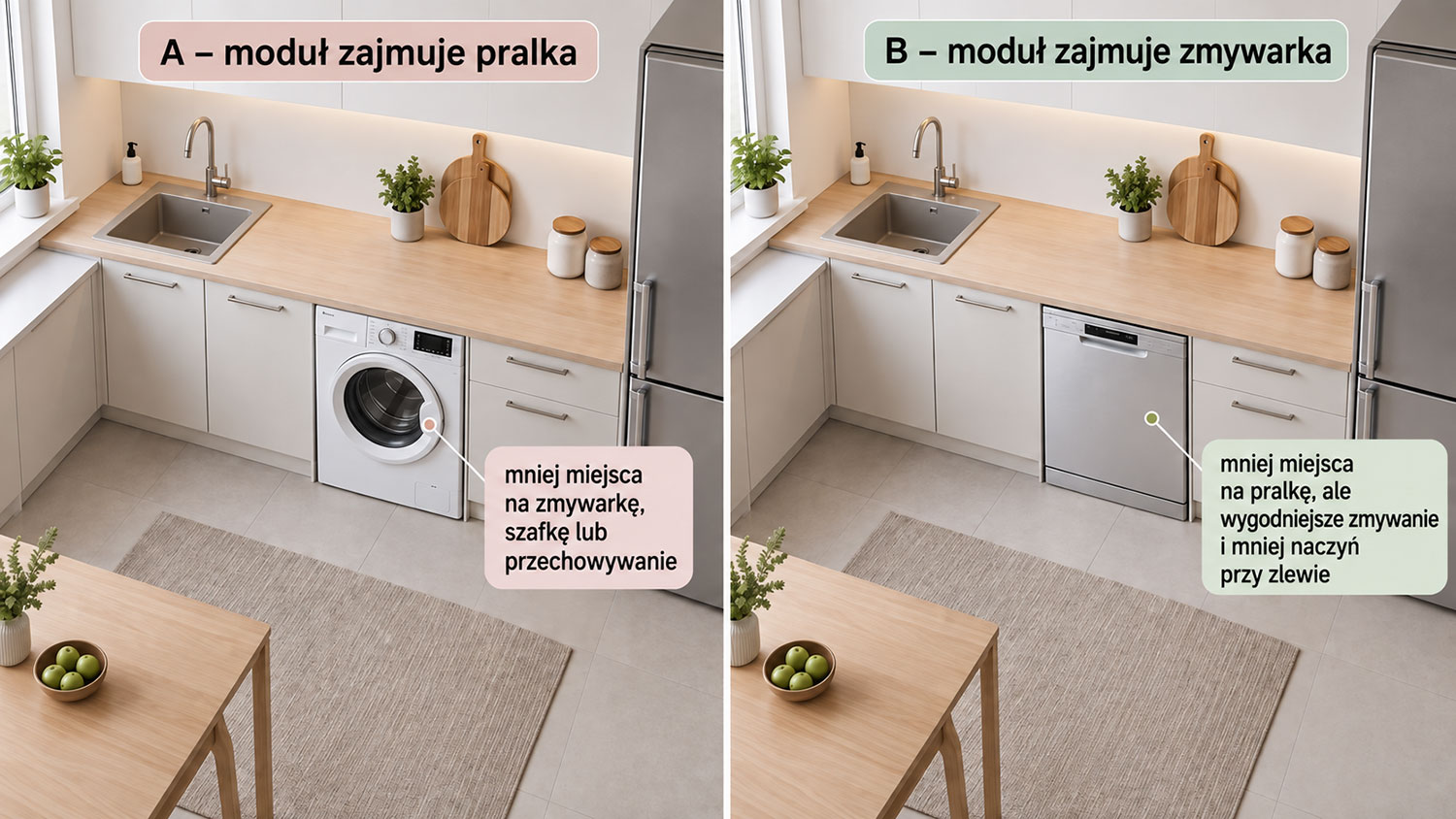 Infografika porównująca pralkę i zmywarkę w tym samym module kuchni