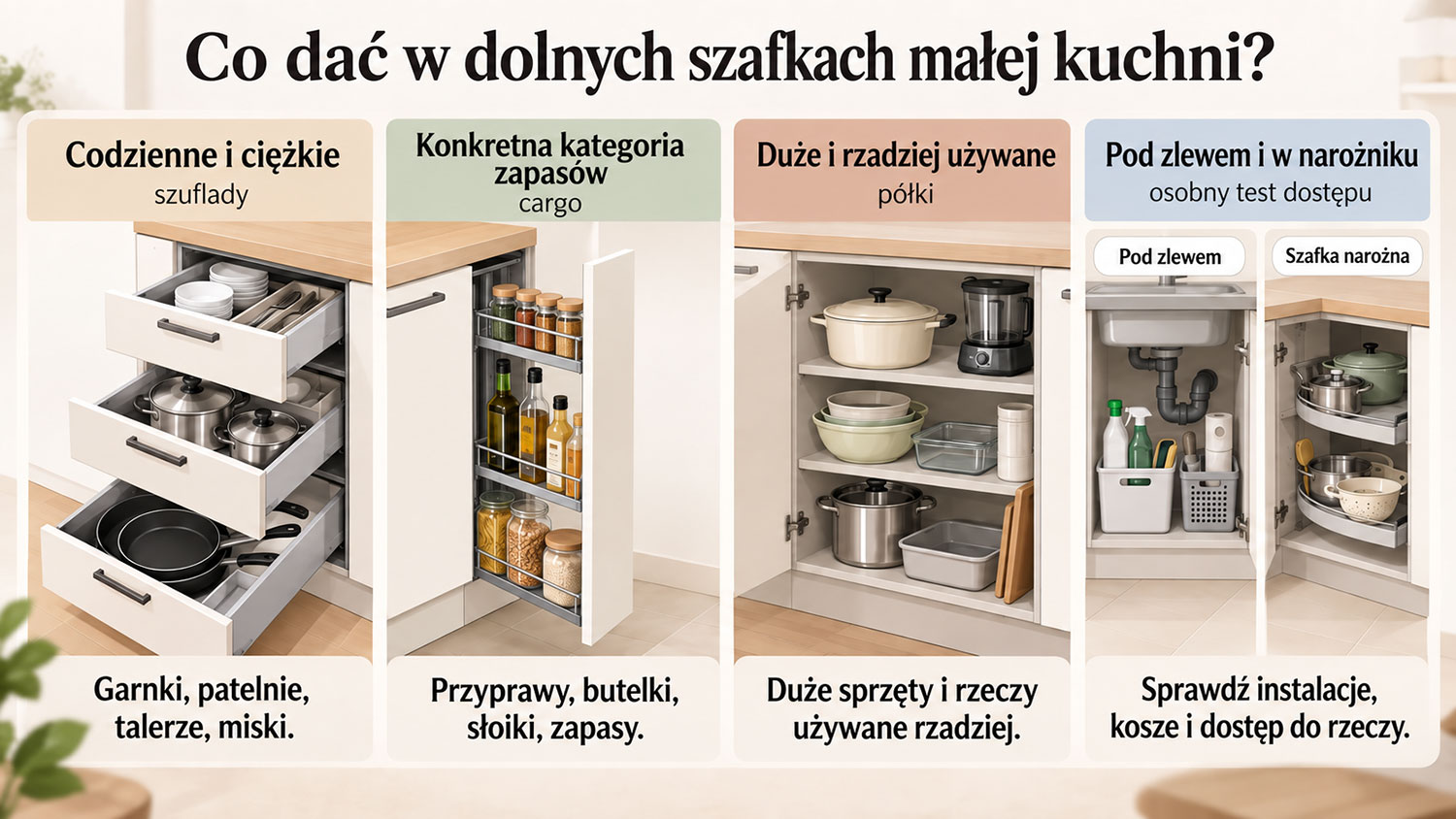 Porównanie szuflad, cargo i półek w dolnych szafkach małej kuchni