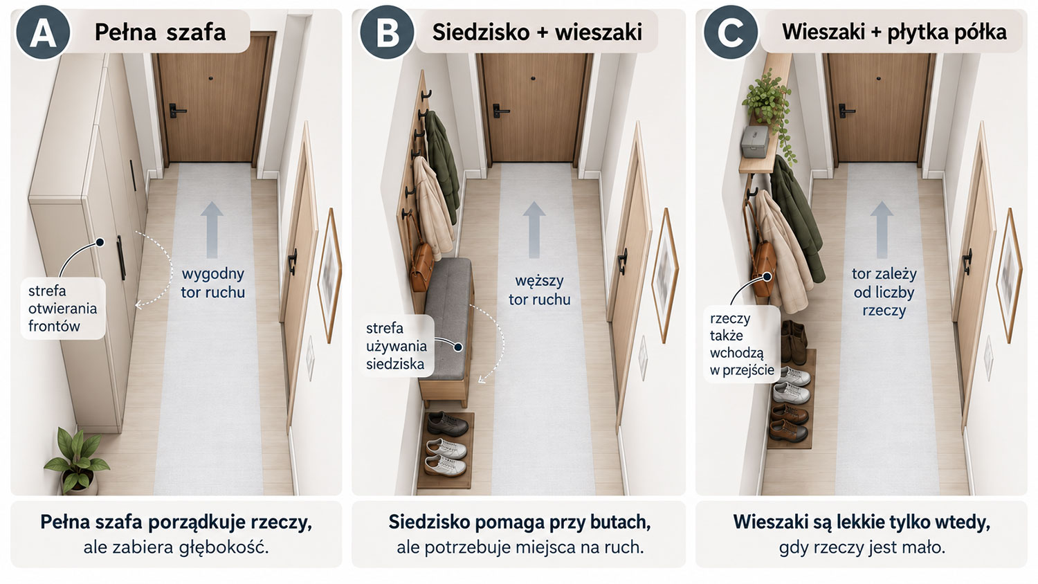 Infografika porównująca szafę, siedzisko i wieszaki w wąskim przedpokoju